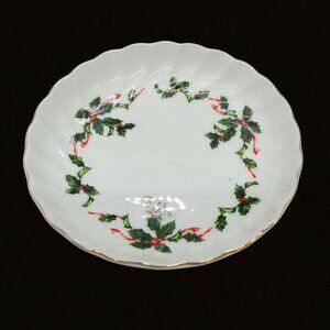 Vintage Lefton China Boughs of Holly 5" Dish Holly Berry Scalloped Gold Gild EUC